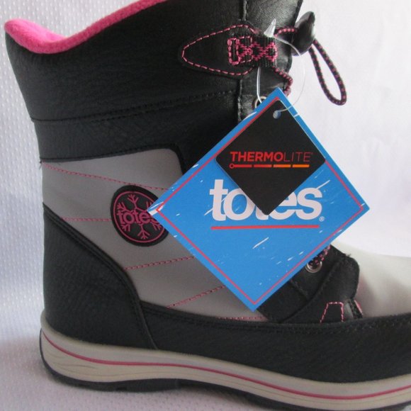 🎀 TOTES BEAVER BIG GIRLS SNOW BOOTS; BLACK - PINK - GREY (SIZE 6) 🎀 - Picture 5 of 16